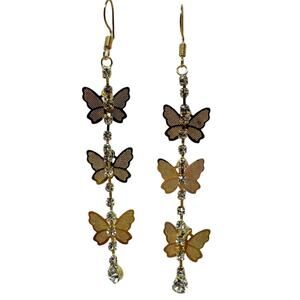 Golden Butterfly Rhinestone Sparkling Drop Earrings NEW
